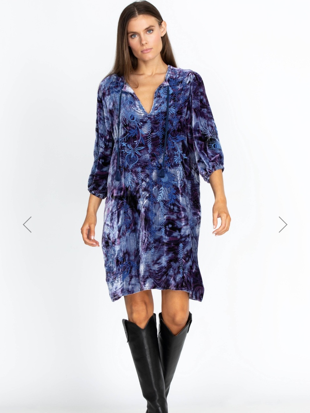 Johnny Was Indigo Purple Tie-Dye Embroidered V-Neck Tunic